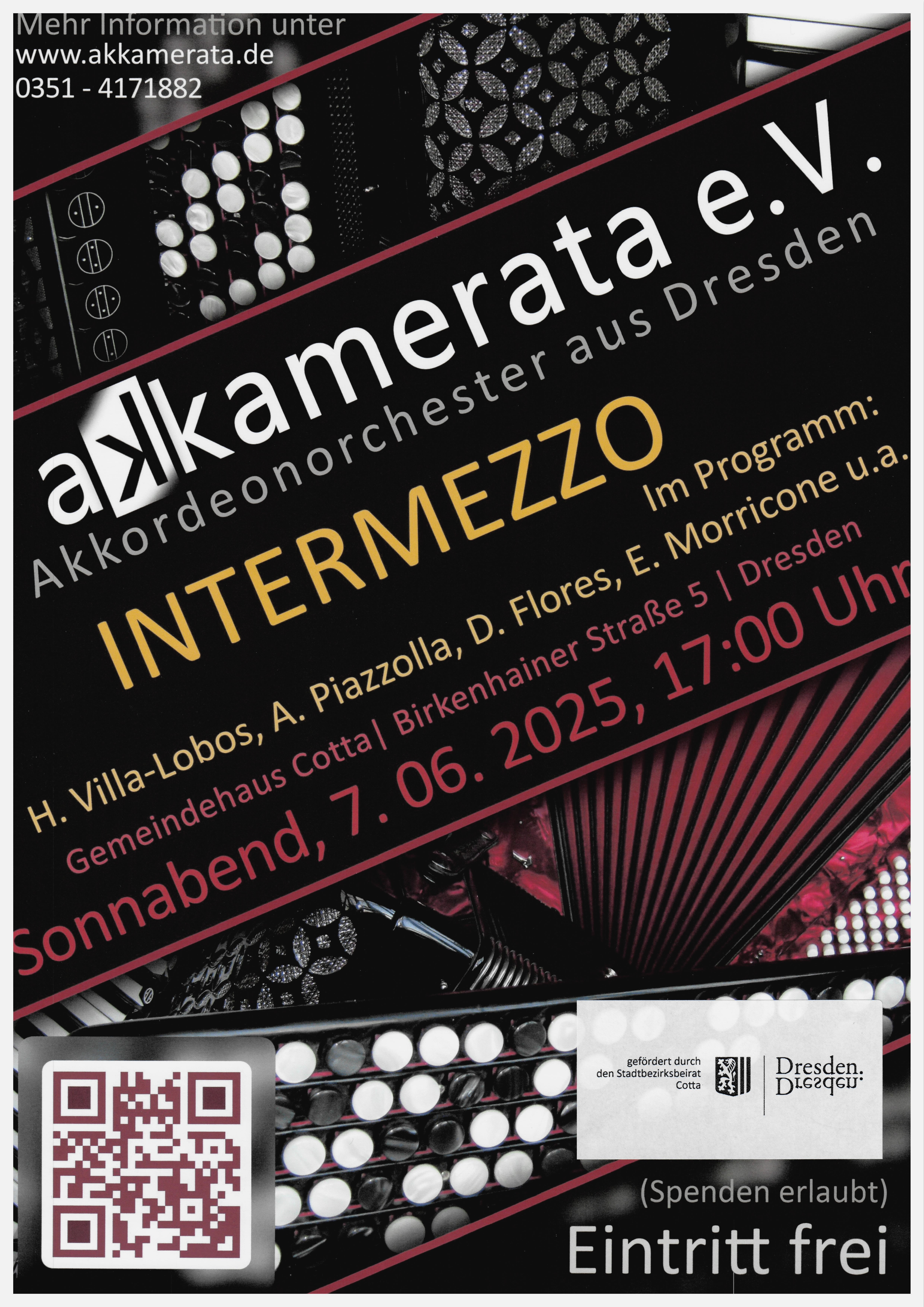 Plakat zum Konzert des Akkamerata e.V. am 7.6.2025 um 17:00 Uhr im Gemeindehaus Cotta, Birkenhainer Straße 5, 01157 Dresden