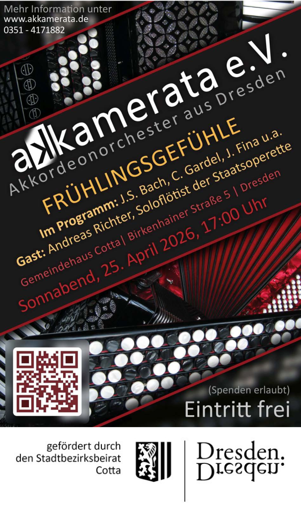Plakat zum Konzert des Akkamerata e.V. am  7.6.2025 um 17:00 Uhr im Gemeindehaus Cotta, Birkenhainer Straße 5, 01157 Dresden